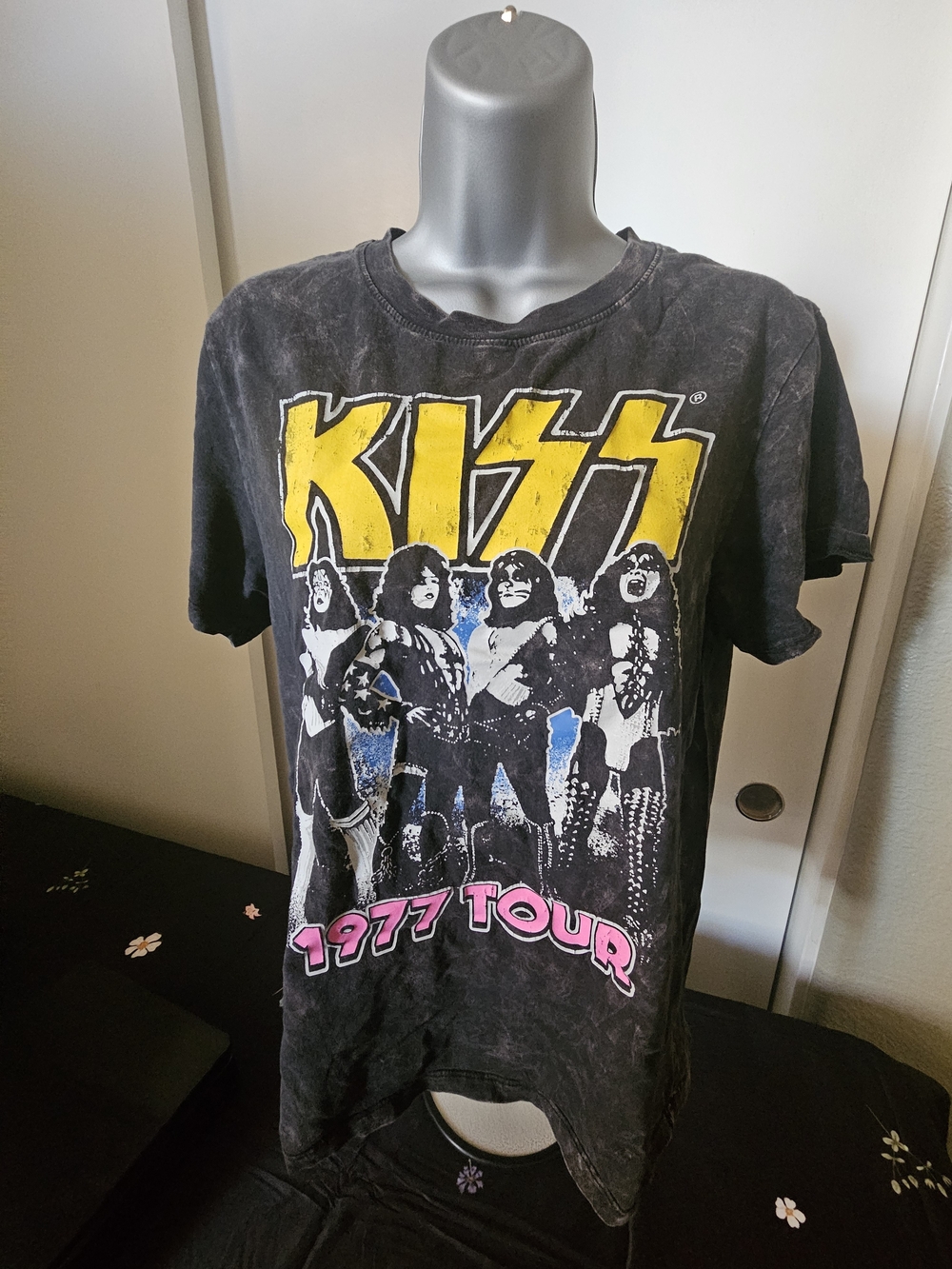 Kiss Black Tee with Yellow Logo and Pink Tour Text